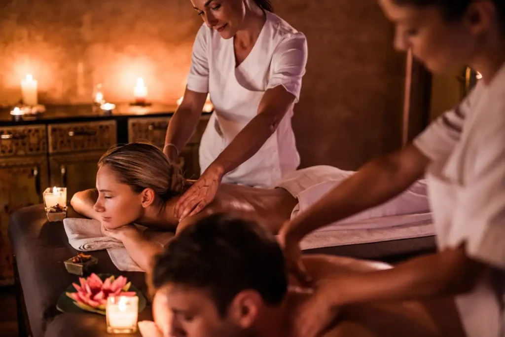 Two couples getting relaxing at the best spa massages together.